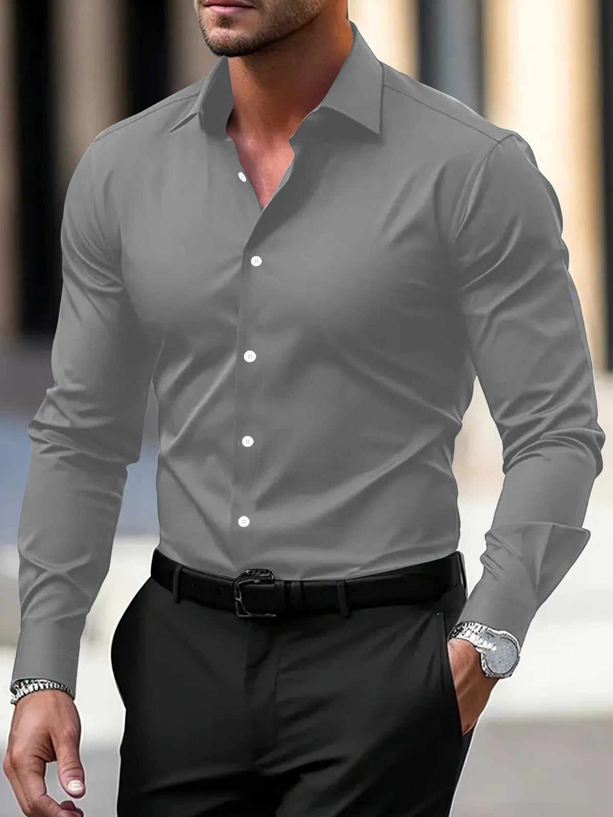 Men's Long Sleeve Button-Down Shirt — Solid Color Business Casual - Trendtovar