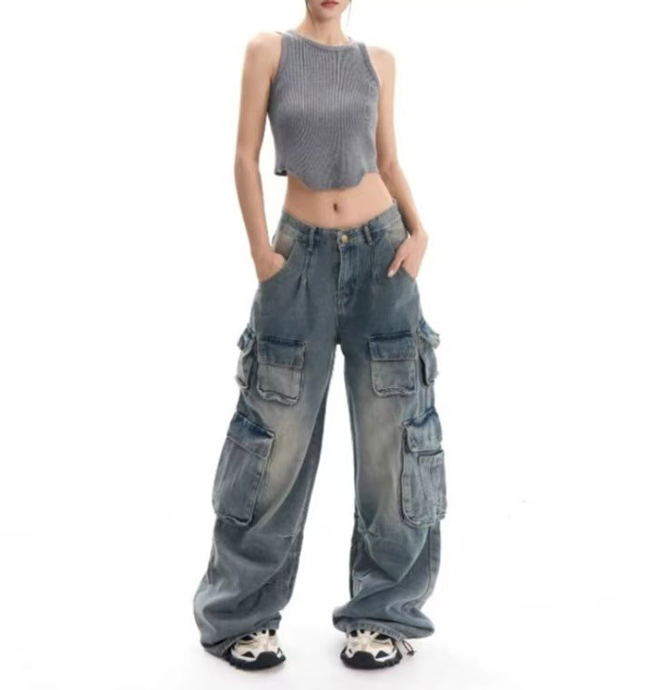 Women's Distressed High-Waist Cargo Trousers
