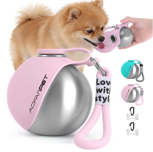 Portable Pet Water Bottle with Bowl — Stainless Steel