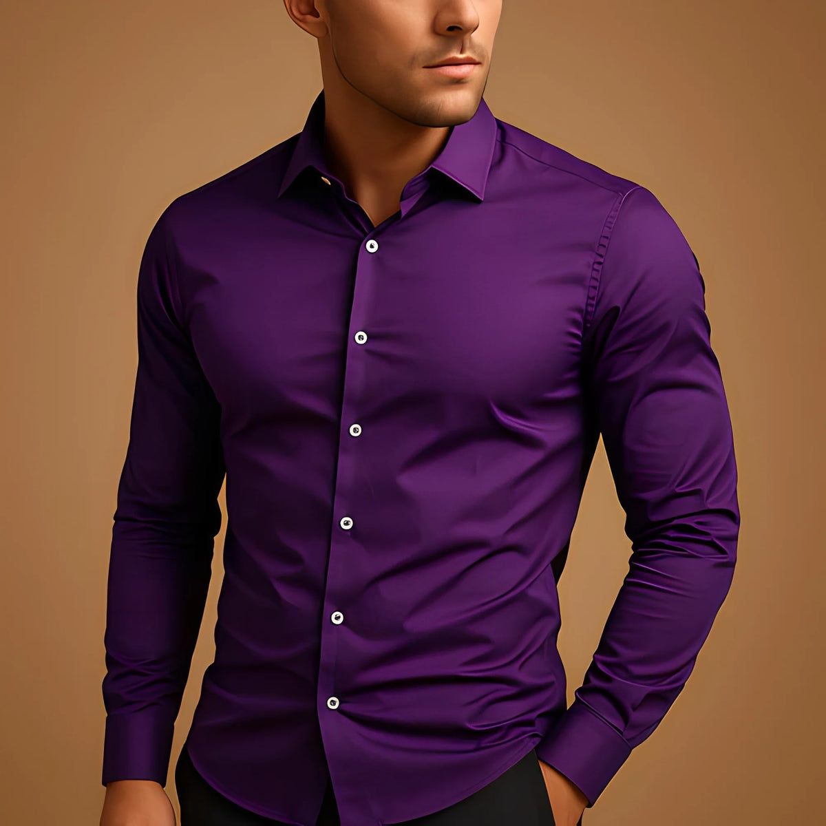 Men's Long Sleeve Button-Down Shirt — Solid Color Business Casual - Trendtovar