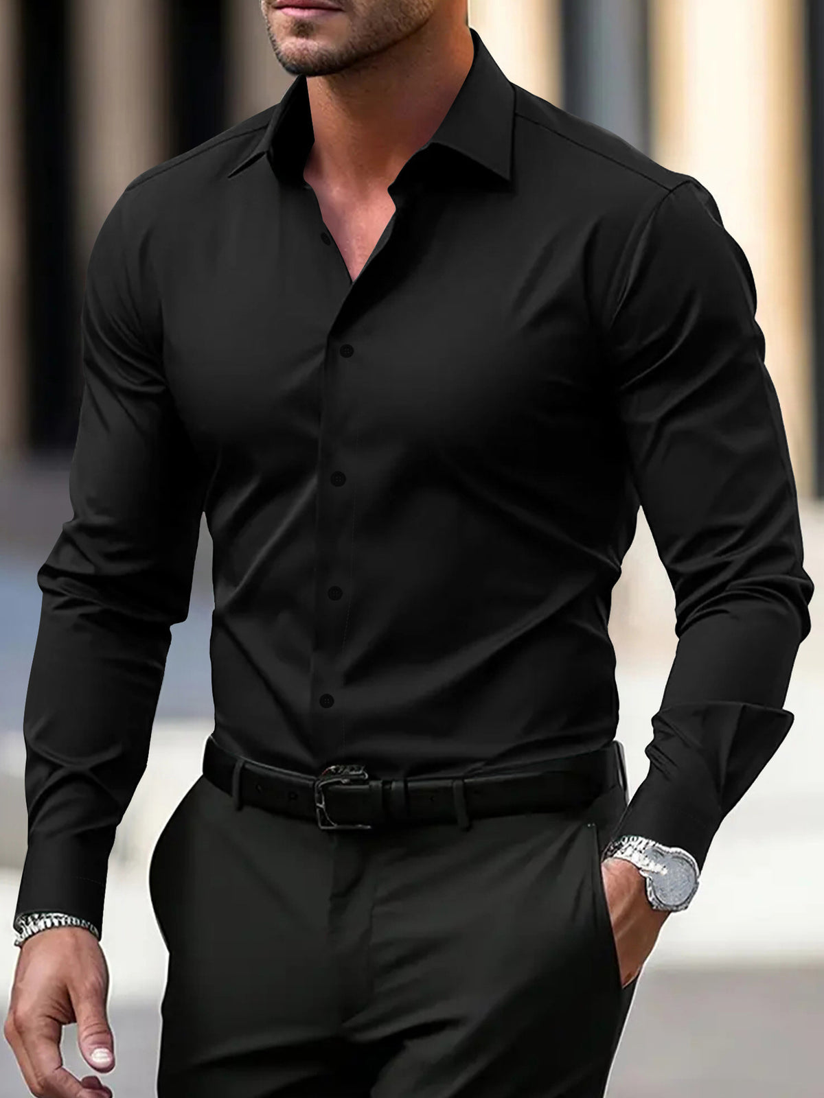 Men's Long Sleeve Button-Down Shirt — Solid Color Business Casual - Trendtovar