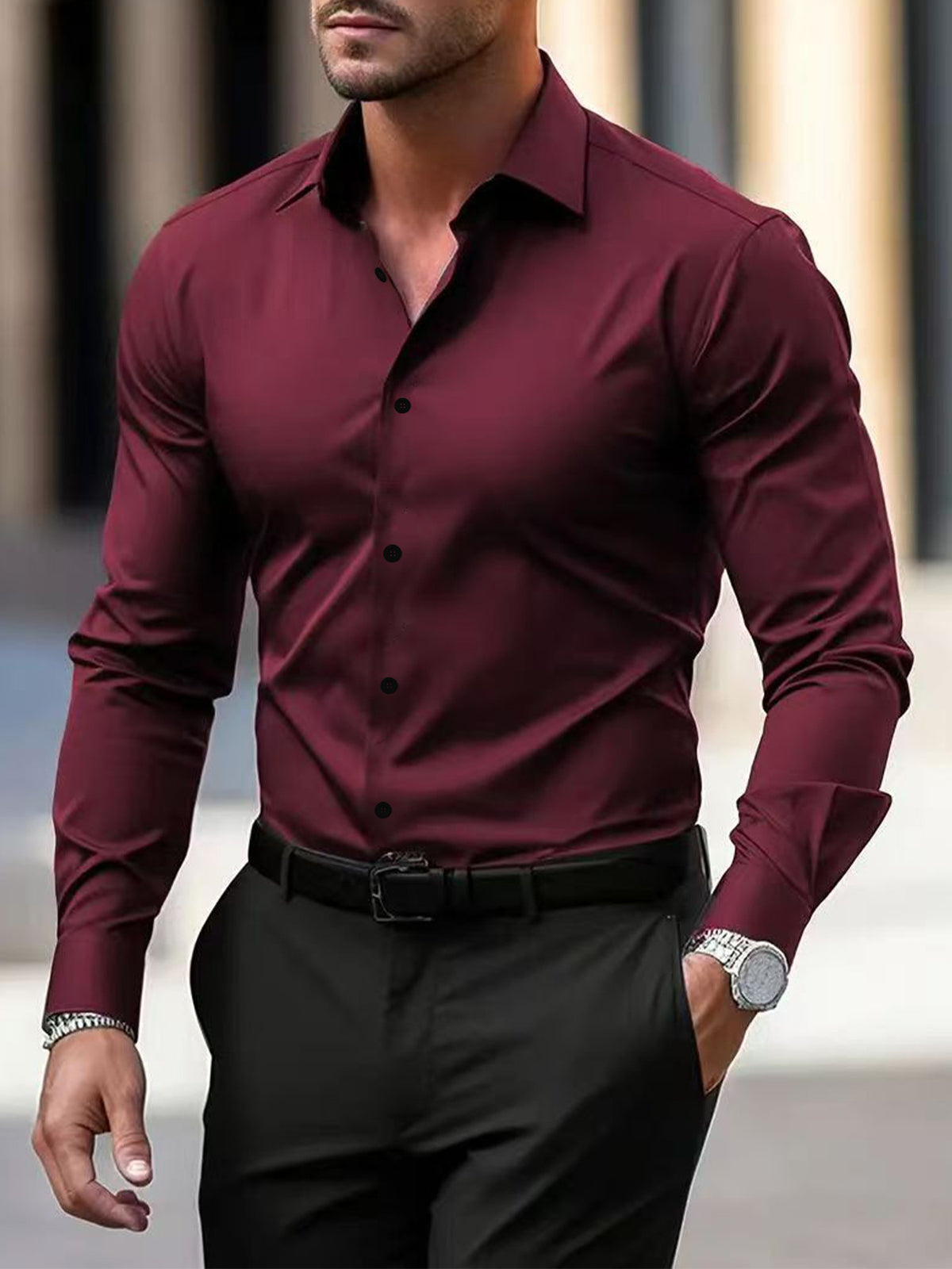 Men's Long Sleeve Button-Down Shirt — Solid Color Business Casual - Trendtovar