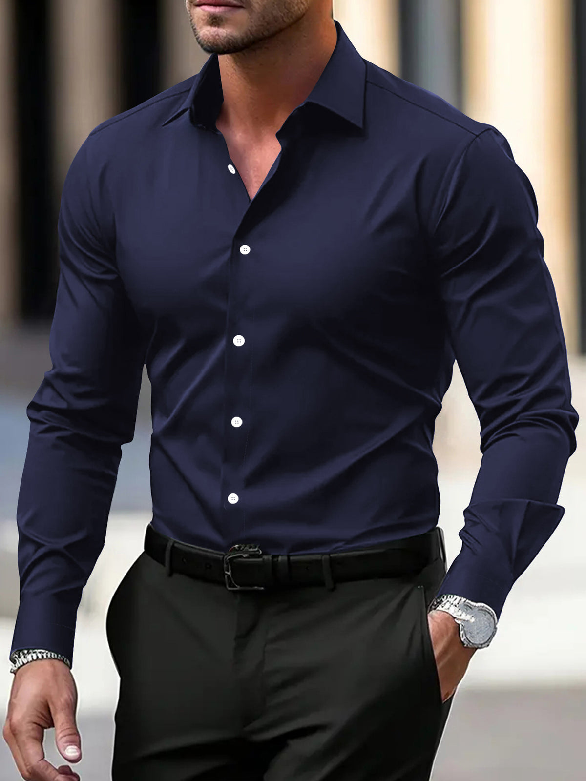 Men's Long Sleeve Button-Down Shirt — Solid Color Business Casual - Trendtovar